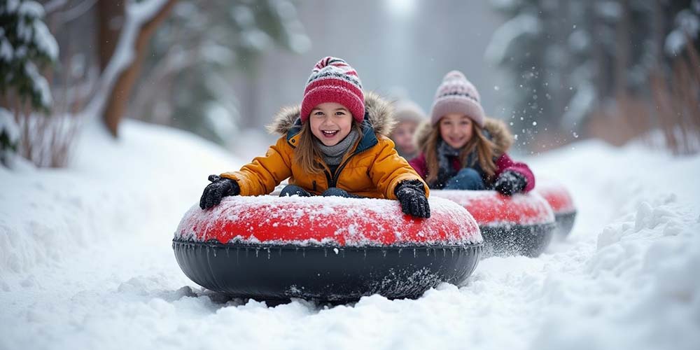 Children enjoying snow tubing at Madrisa Land, laughing as they slide down gentle snowy hills.