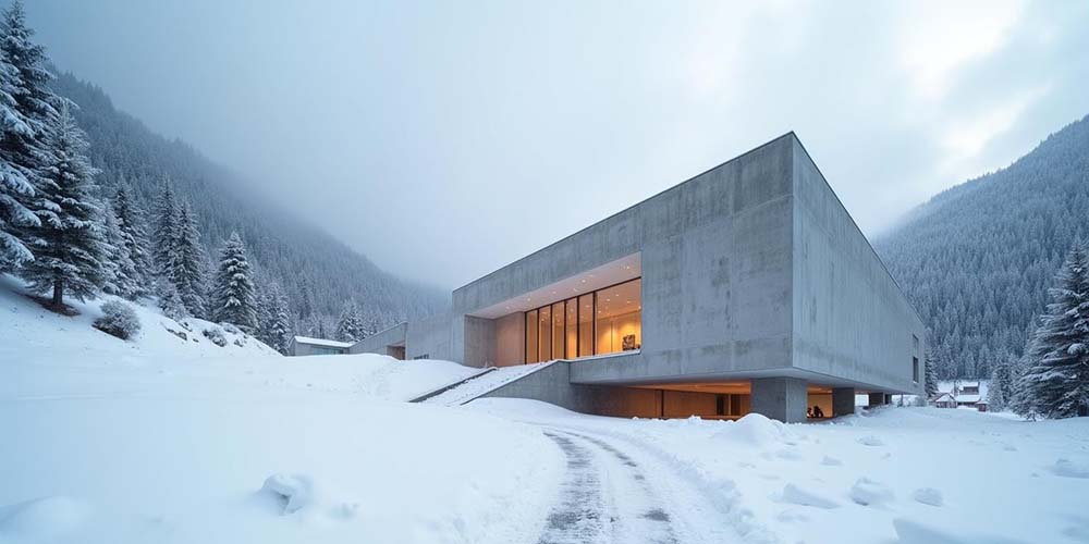 Exterior of the modern Kirchner Museum with snow-covered surroundings