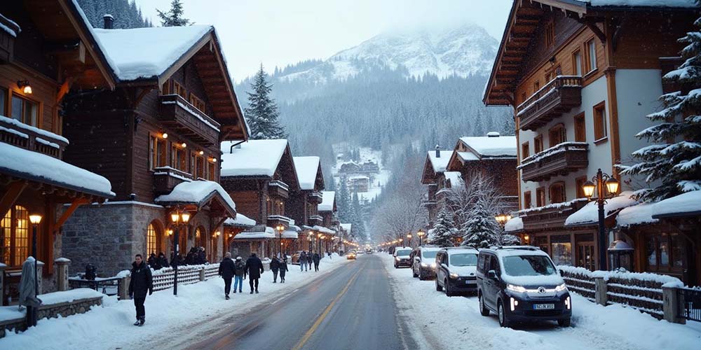 A quiet street in Saas-Fee with pedestrians strolling past traditional chalets, snow-covered streets, and electric vehicles in the background.