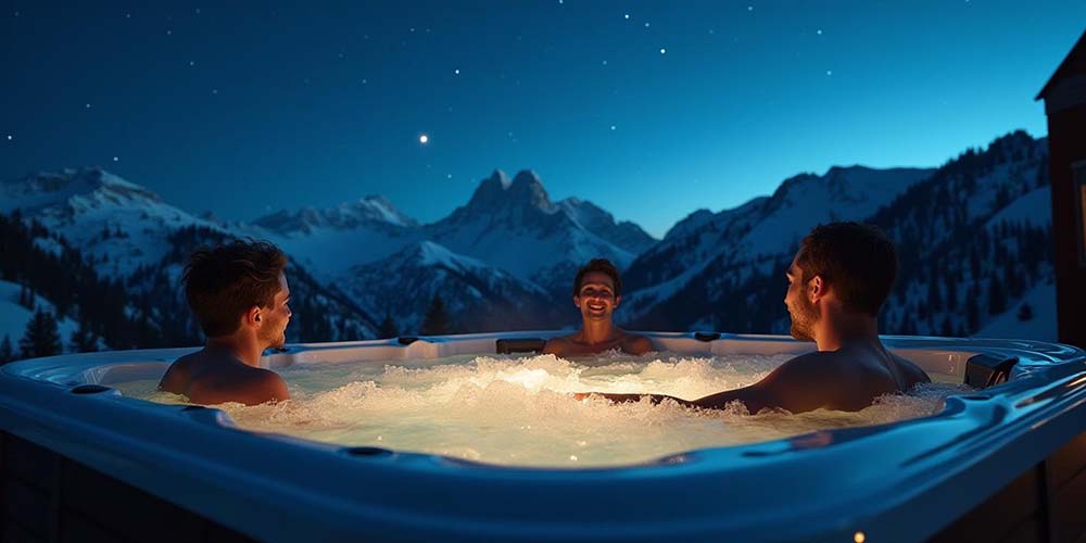 Guests relaxing in an outdoor hot tub with views of snow-covered peaks under a starry night sky.