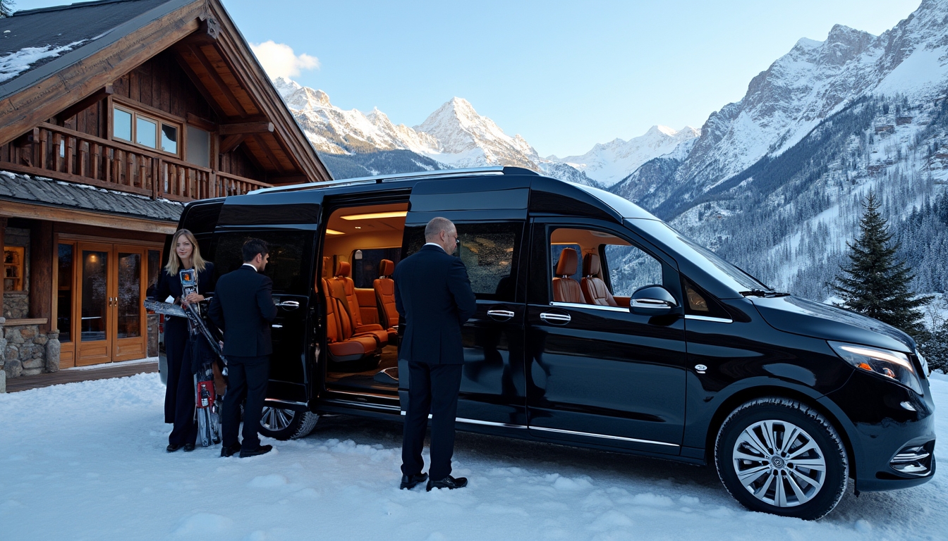 A luxurious black 2024 Mercedes EQS stands parked outside an elegant alpine chalet in Zermatt, Switzerland, framed by stunning snow-capped peaks. The sleek vehicle features plush leather seating visible through tinted windows and is poised for indulgent private airport