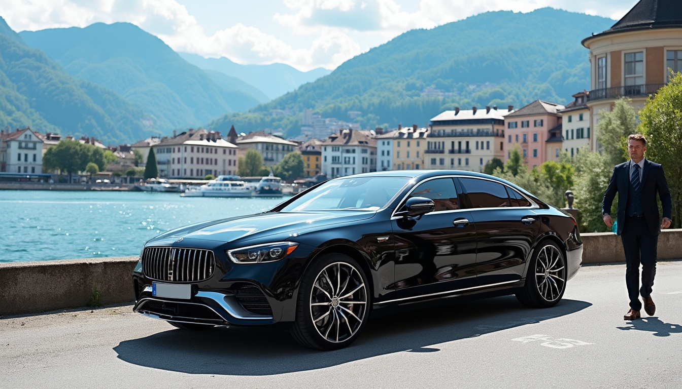 Elegant black 2024 Mercedes EQS parked by Lake Geneva in Lausanne, showcasing the stunning local architecture. A professional chauffeur in a suit stands nearby, ready for a private chauffeur service in Lausanne. The clear blue sky enhances the luxurious ambiance, capturing the