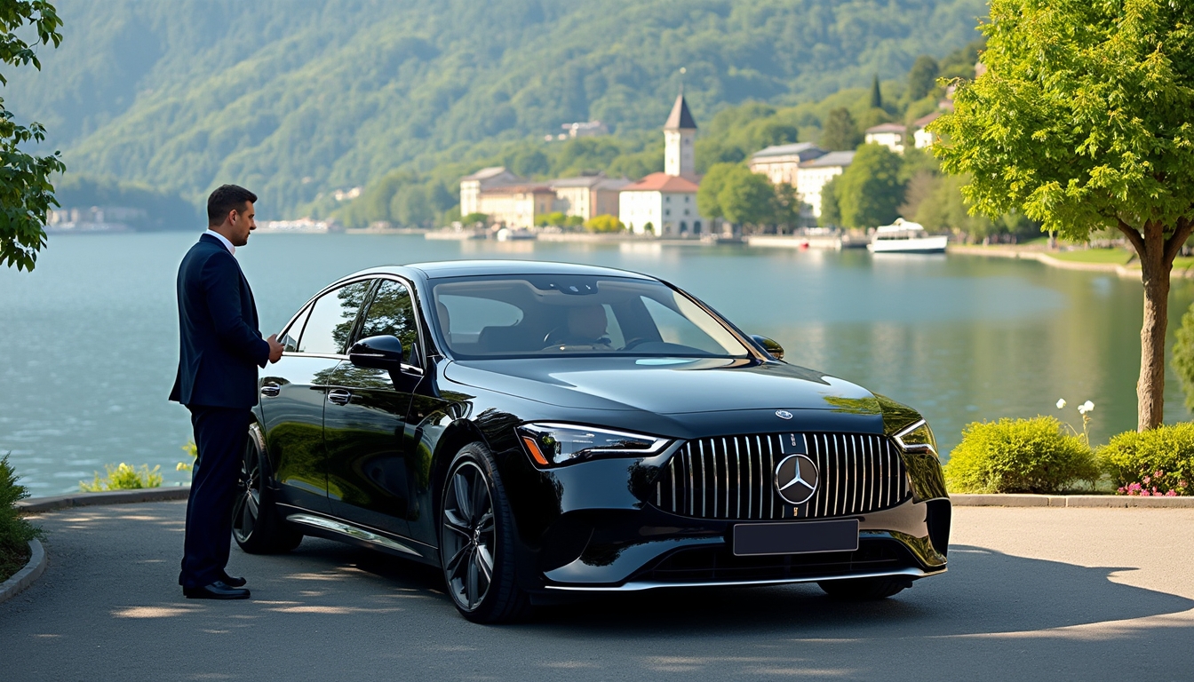 A luxurious black 2024 Mercedes EQS parked elegantly by Lake Geneva in Lausanne, Switzerland. The vehicle showcases sleek lines and a sophisticated design, featuring a black license plate without a number. In the foreground, a professional chauffeur in a tailored suit is