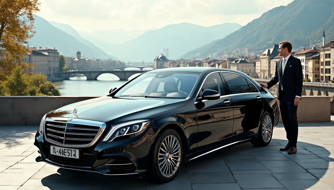 Elegant image showcasing a private chauffeur service in Zurich featuring a sleek black Mercedes-Benz sedan against a stylish city backdrop. A professional chauffeur in formal attire stands by the car, ready to assist a well-dressed passenger. The scene reflects high-end travel, professionalism