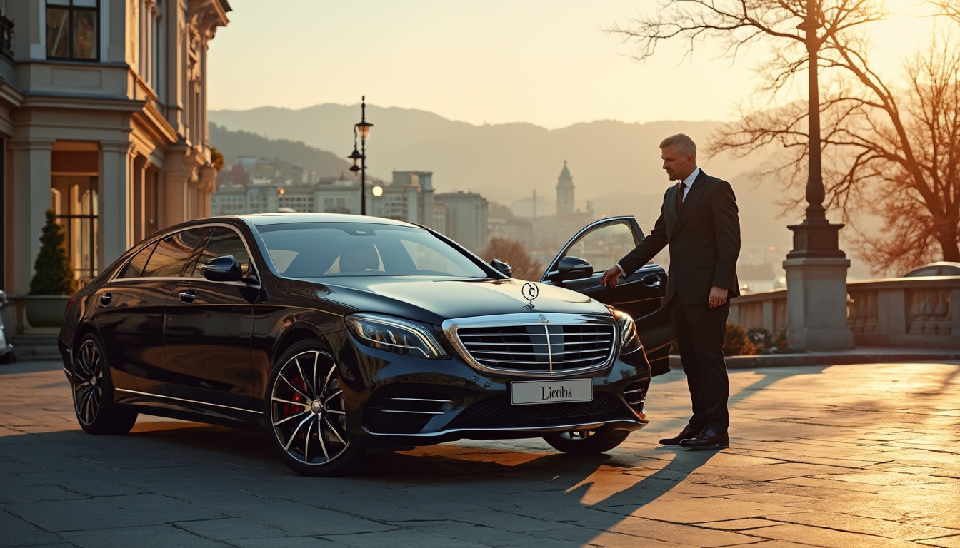 A luxury chauffeur vehicle in Zurich features a sleek, high-end Mercedes-Benz sedan parked elegantly against a stunning cityscape. The background showcases Zurich's beautiful architecture, blending historic buildings with a modern skyline, all illuminated by warm golden sunlight. The shiny exterior of