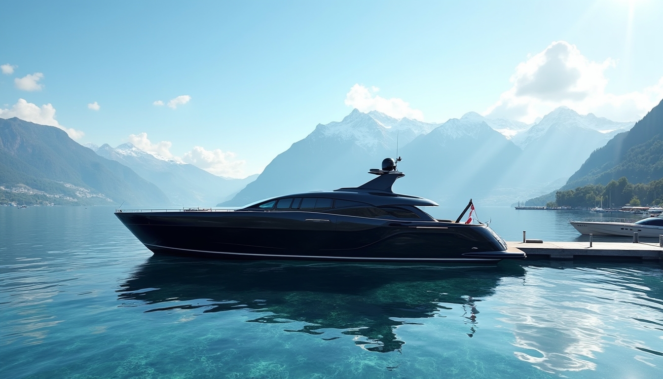 A luxurious scene featuring a sleek 2024 black Mercedes EQS yacht docked on the tranquil waters of Lake Geneva. Majestic Alpine mountains rise in the background, under clear blue skies. Gentle waves reflect the sunlight, enhancing the atmosphere of exclusivity