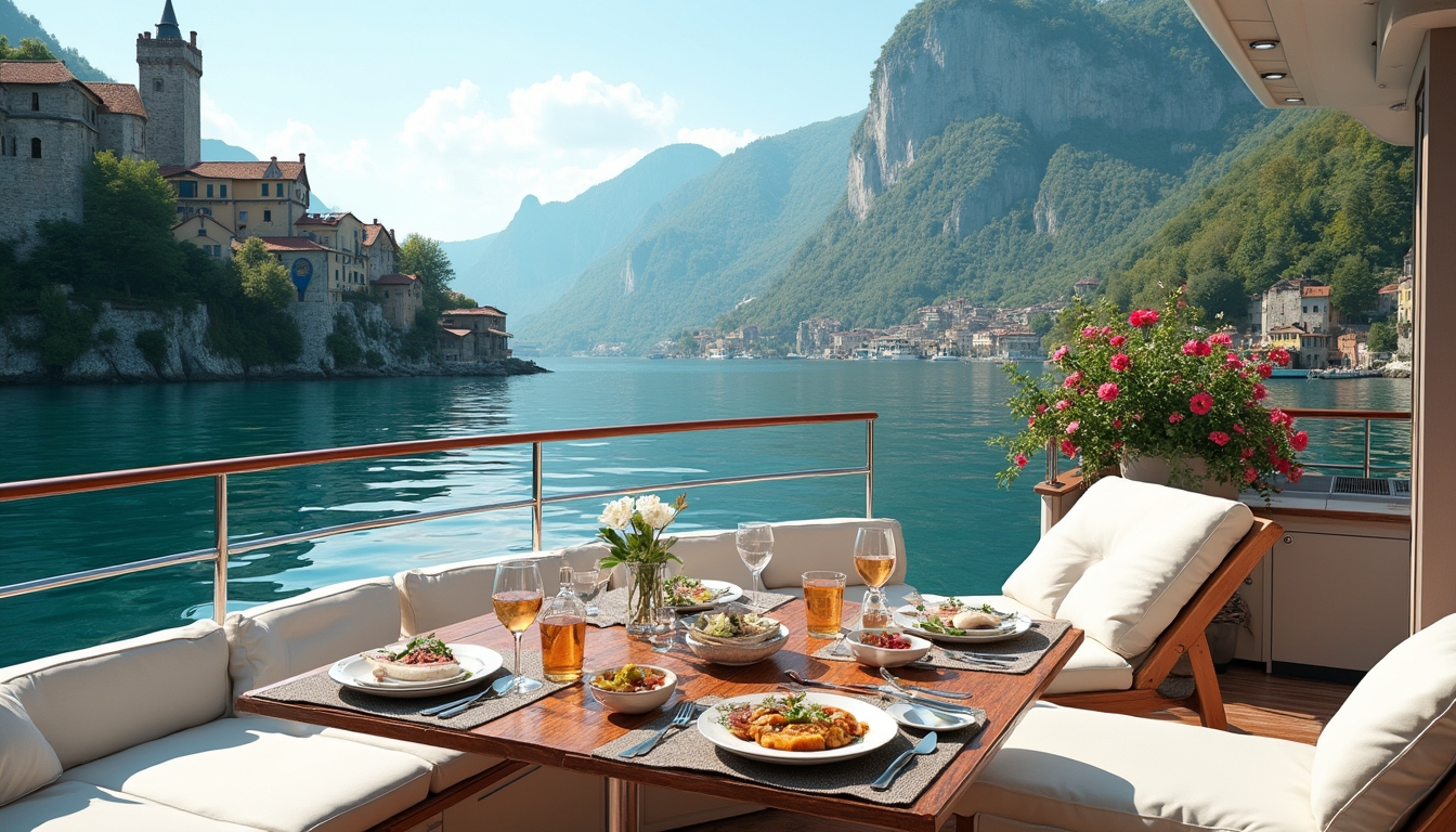 A luxury yacht glides across the serene waters of Lake Geneva, with the medieval village of Yvoire in the background. The yacht features elegant lounge chairs and a beautifully set dining table adorned with gourmet dishes. Surrounding scenery highlights the breathtaking Swiss and French