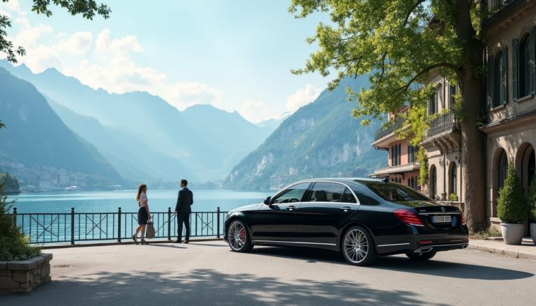 A luxurious private transfer from Geneva to Montreux, featuring a sleek high-end sedan parked beside the picturesque Lake Geneva. In the background, the majestic Alps rise against a clear blue sky. A professional chauffeur stands beside the car, enhancing the sense of