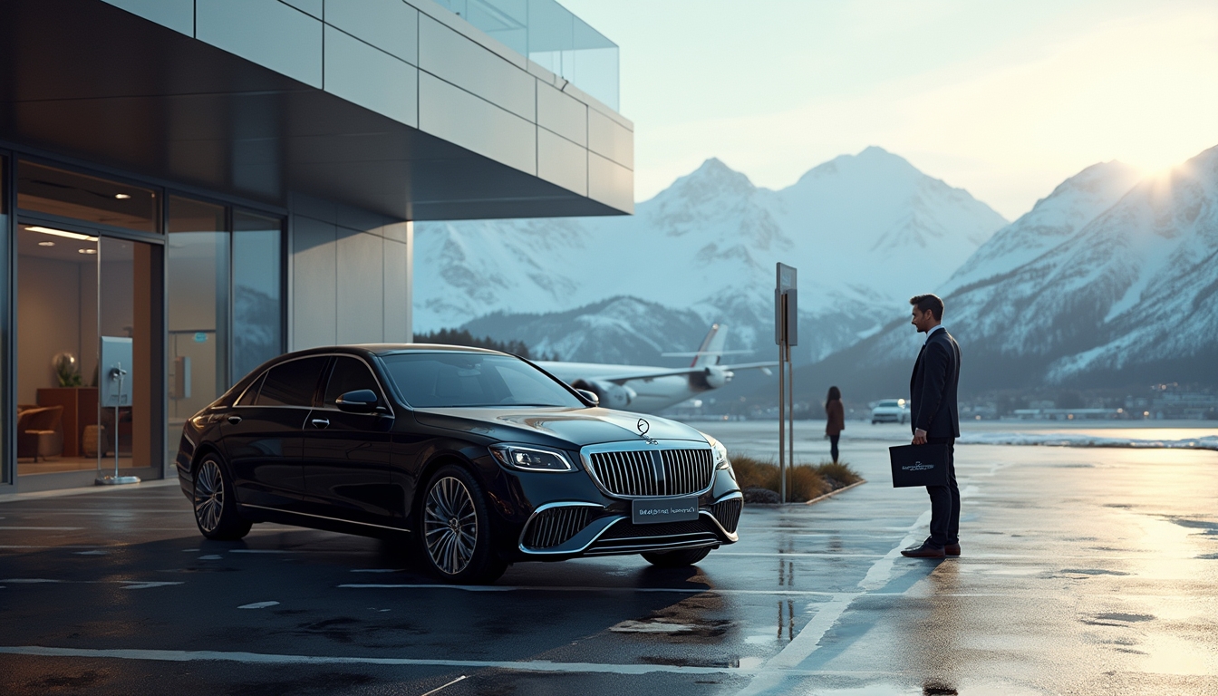 Elegant VIP airport transfer in Geneva featuring a luxury sedan parked outside a modern terminal, framed by the majestic snow-capped Swiss Alps. A professionally dressed chauffeur stands by the vehicle, holding a sign with a client's name, exuding sophistication and comfort. This
