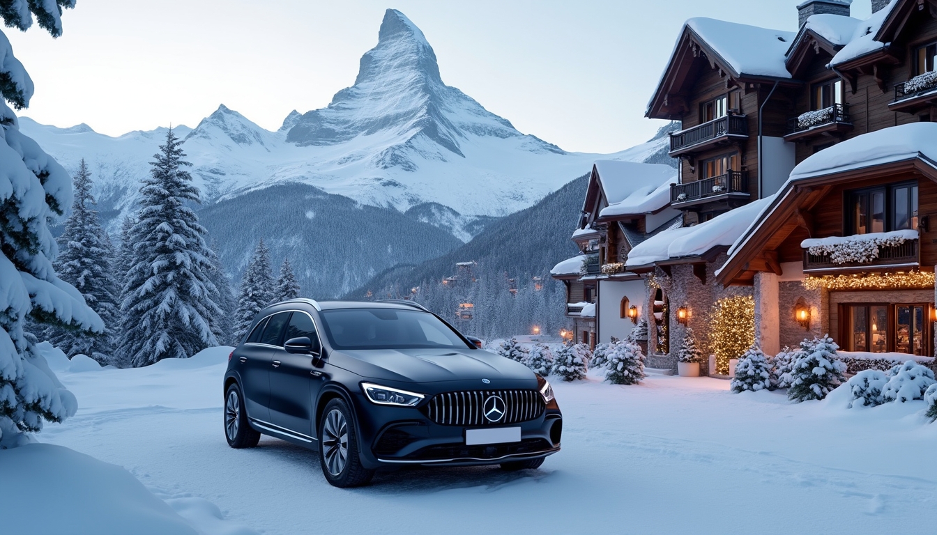 Elegant winter scene at a luxurious Swiss ski resort featuring majestic snow-covered mountains and the iconic Matterhorn in the background. A charming alpine village with upscale chalets adorned with twinkling lights is visible. In the foreground, a sleek black 2024