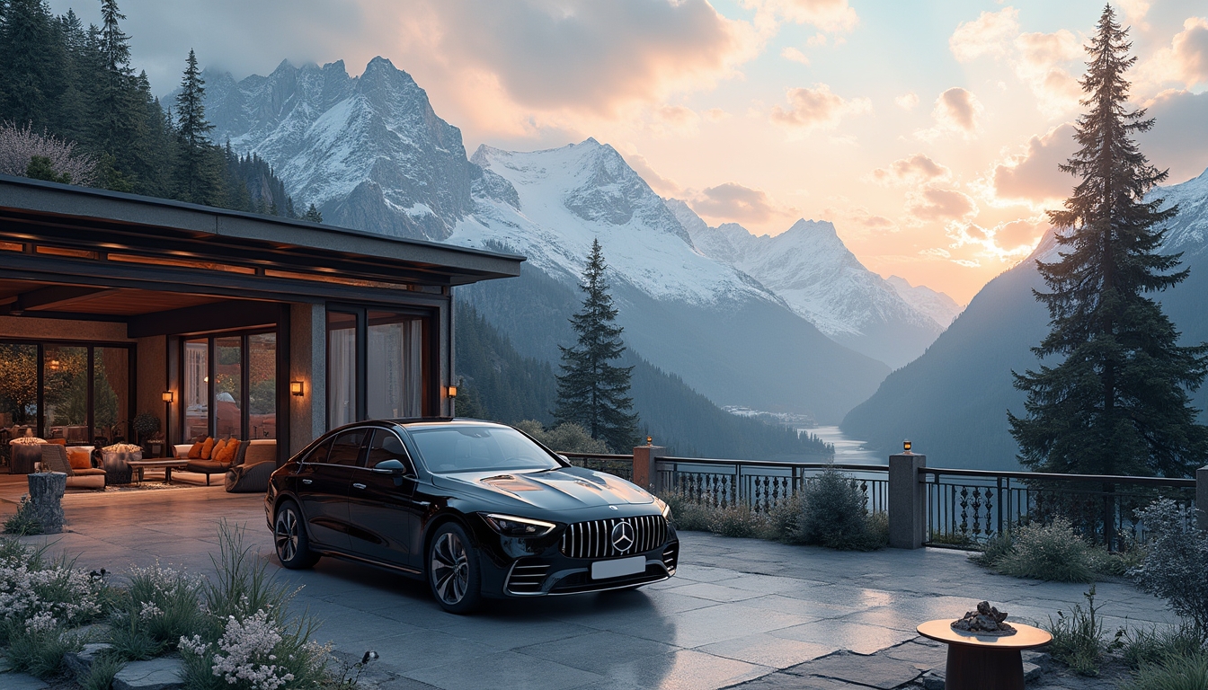 Luxurious Swiss mountain retreat featuring an upscale hotel with panoramic views of snow-capped peaks and lush forests. The chic outdoor seating area is bathed in the warm glow of sunset, while a sleek black 2024 Mercedes EQS is parked in front