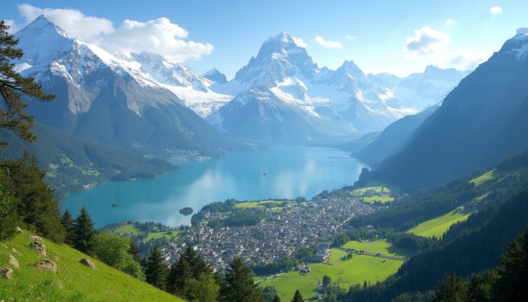 Breathtaking Swiss landscape featuring snow-capped Alps, serene lakes, and charming villages under a bright blue sky, showcasing the essence of Switzerland's natural beauty, ideal for promoting luxury Swiss train journeys.