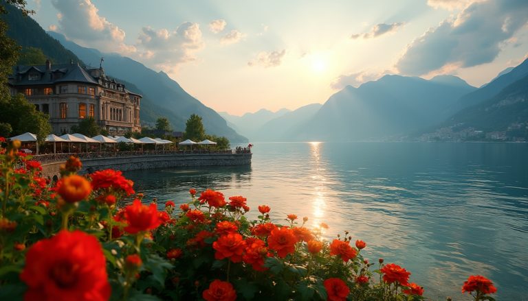 Elegant lakeside hotel overlooking Lake Geneva, framed by the Swiss Alps, with vibrant flowers in the foreground and a sunset reflecting on the water, creating a tranquil atmosphere. This view is perfect for visitors attending the Montreux Jazz Festival.