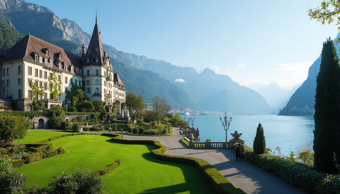 A stunning view of the Beau Rivage Palace in Lausanne, Switzerland, featuring its elegant architecture along Lake Geneva with the majestic Alps in the background, surrounded by lush gardens.