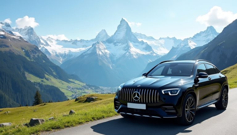 A luxurious Swiss mountain landscape featuring snow-capped peaks and lush valleys under a clear blue sky. An elegant black 2024 Mercedes EQS is parked nearby, emphasizing the beauty of high-end travel and the serenity of Switzerland’s natural vistas, ideal for