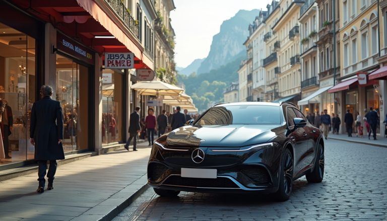 A luxurious scene on Bahnhofstrasse in Zurich, featuring upscale boutiques and elegant architecture. A black 2024 Mercedes EQS with a blank license plate is parked nearby. Well-dressed individuals stroll through the vibrant atmosphere of luxury shopping Zurich, with picturesque