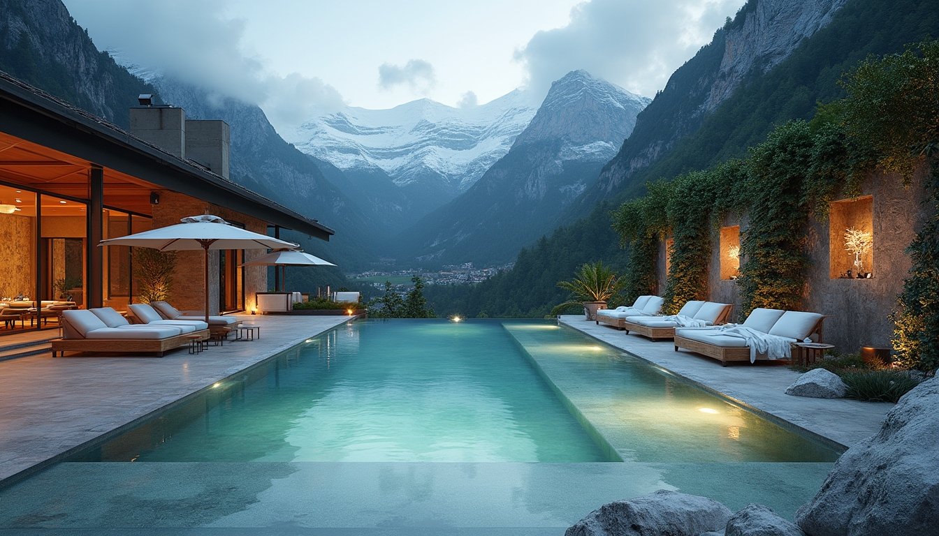 A luxurious Swiss spa nestled in the mountains, featuring tranquil outdoor pools and elegant lounge areas surrounded by lush greenery. The scene exudes opulence with plush seating and soft ambient lighting, creating an inviting atmosphere for ultimate relaxation and indulgence during luxury spa days