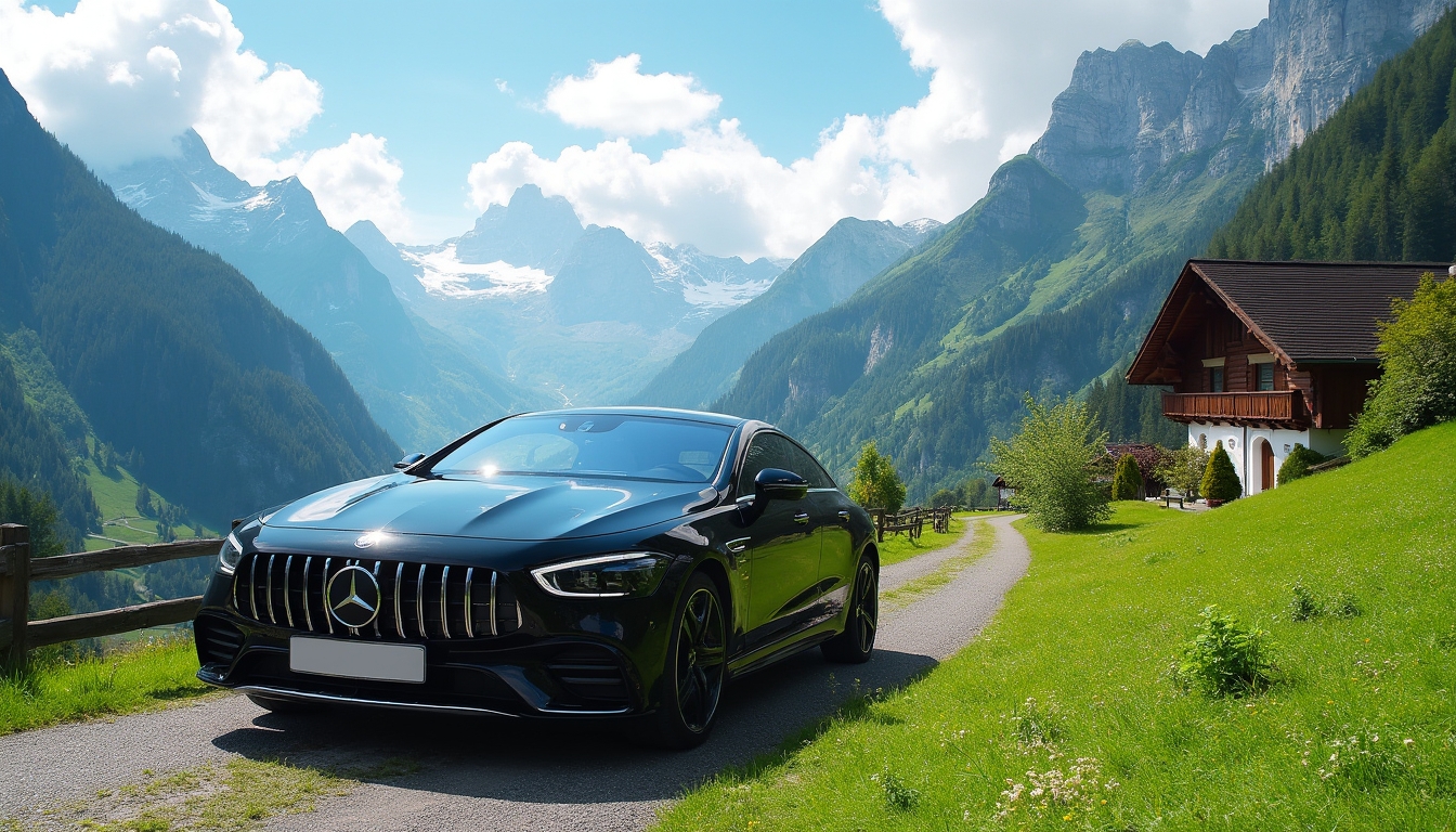 A black 2024 Mercedes EQS parked near a charming chalet in a picturesque Swiss landscape, featuring majestic mountains and lush green valleys. The scene highlights the essence of luxury Swiss culinary tours amidst stunning natural beauty.