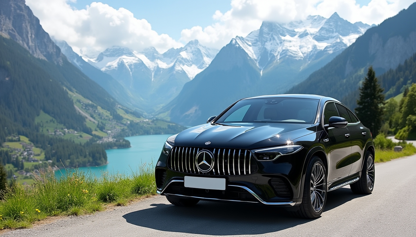 A black 2024 Mercedes EQS parked at a scenic viewpoint in Switzerland, surrounded by majestic snow-capped mountains and lush green valleys. A serene lake is visible in the background, embodying the essence of luxury travel. This image represents luxury train