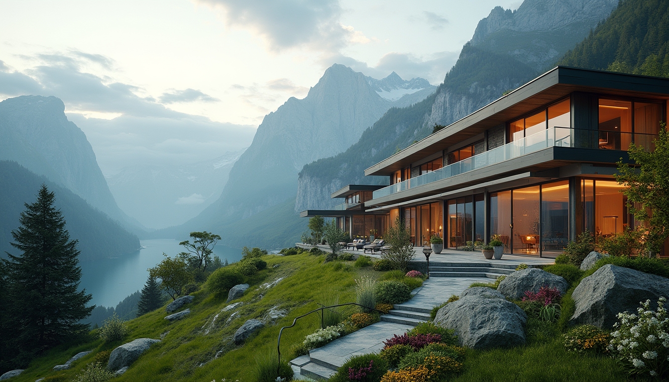 Elegant Swiss luxury wellness retreat with a refined hotel exterior, large windows, and a sophisticated design. Set against the stunning Swiss Alps, the tranquil scene features lush greenery and soft, warm lighting, evoking a sense of relaxation and holistic health.