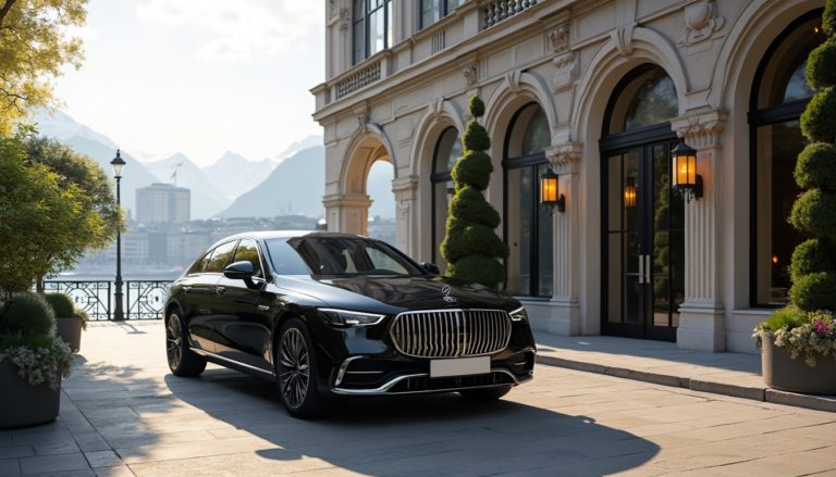 Elegant exterior of the Park Hyatt Zurich with upscale architecture, featuring a picturesque Zurich cityscape in the background. A black 2024 Mercedes EQS parked in front enhances the luxury ambiance aimed at discerning travelers, conveying a serene, high-end atmosphere.