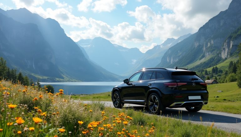 A panoramic view of a Swiss alpine landscape featuring majestic mountains and crystal-clear lakes, with vibrant wildflowers in the foreground. A black 2024 Mercedes EQS is parked nearby, highlighting luxury travel amidst the stunning natural beauty, inviting adventures along the swiss