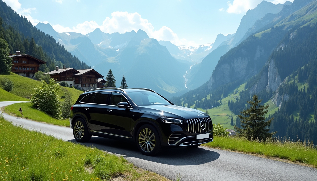 A serene Swiss Alps luxury retreat scene featuring elegant chalets on lush green slopes, breathtaking mountain vistas, and a clear blue sky. In the foreground, a 2024 black Mercedes EQS with a blank license plate is parked, enhancing the atmosphere of