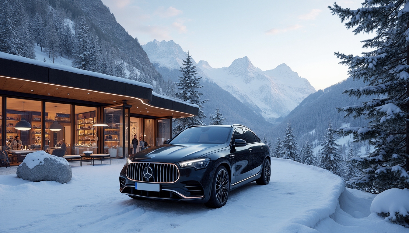 Luxurious scene at the Tschuggen Grand Hotel in Arosa, showcasing its stunning architecture surrounded by majestic Swiss Alps. A black 2024 Mercedes EQS with a blank license plate is parked in front. Guests enjoy gourmet Swiss cuisine on the