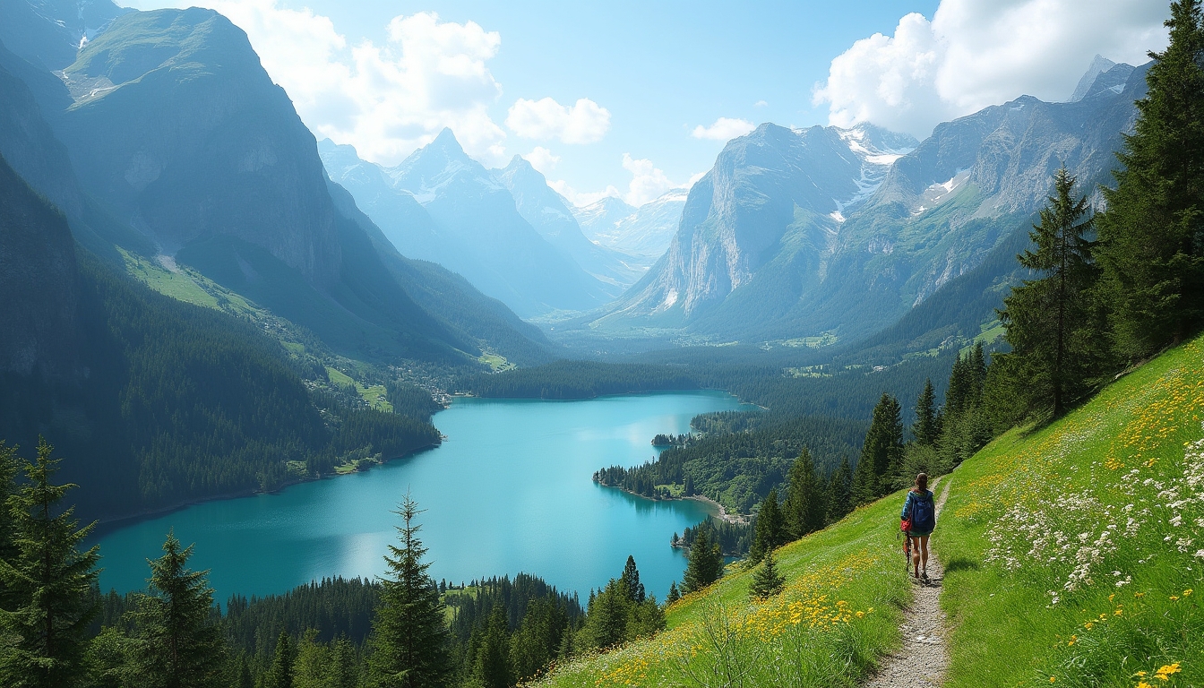 Luxurious Swiss alpine scene showcasing stunning mountain vistas, lush greenery, and crystal-clear lakes, capturing the elegance and tranquility of nature, perfect for discussions about unforgettable swiss hikes.