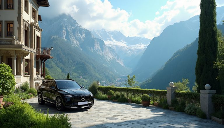 Luxurious Swiss landscape featuring the majestic Alps in the background and a refined hotel exterior in the foreground. Lush greenery surrounds the scene, creating a serene atmosphere. A black 2024 Mercedes EQS is parked nearby, suggesting high-end transportation options for