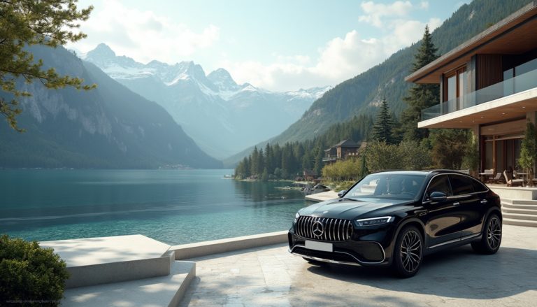 A luxurious spa resort in a serene Swiss landscape with the majestic Alps in the background. The elegant architecture features large windows overlooking a tranquil lake. A black 2024 Mercedes EQS is parked at the entrance, enhancing the high-end atmosphere. This scene