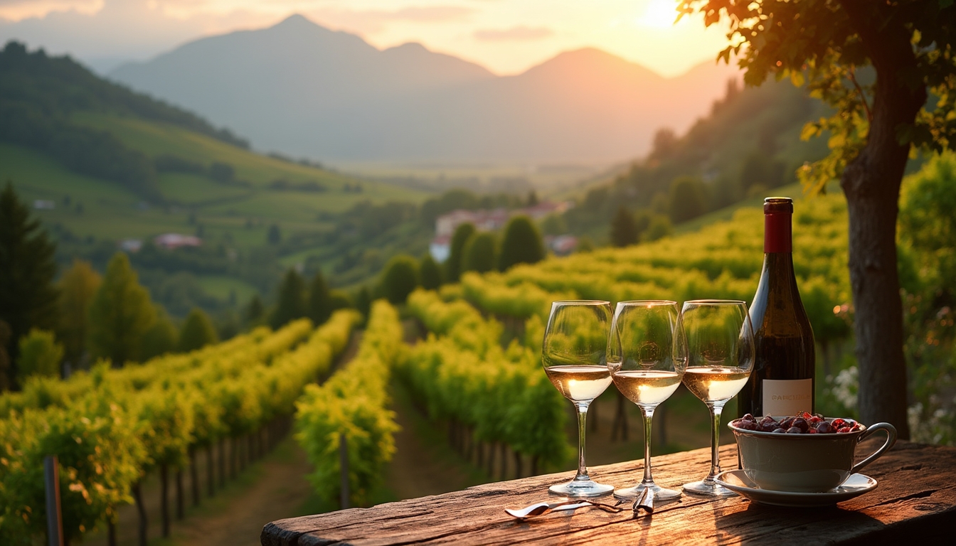 Luxurious vineyard scene in Geneva, Switzerland, featuring lush terraced vineyards with the Swiss Alps in the background, illuminated by warm evening light. A rustic wooden table is elegantly set with fine wine glasses, creating an ambiance of sophistication and upscale charm, perfect