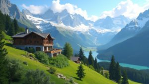 A luxurious chalet in Switzerland for rent, surrounded by snow-capped peaks and lush green valleys, creating a serene and elegant alpine landscape perfect for high-end travelers seeking tranquility.