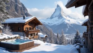 A luxurious chalet in Zermatt, Switzerland, featuring elegant wooden architecture, a cozy outdoor hot tub, and the iconic Matterhorn in the background, surrounded by snow-covered mountains.