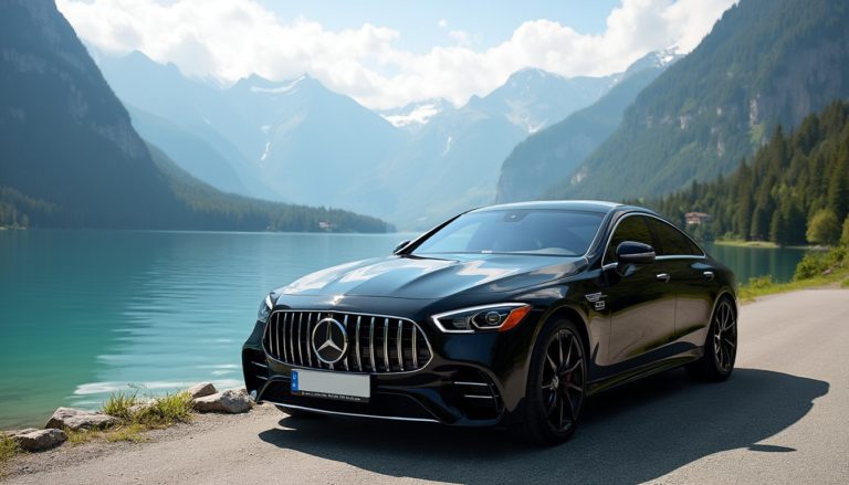 A luxurious Swiss landscape featuring majestic mountains and a serene lake, with a sophisticated black 2024 Mercedes EQS parked elegantly by the water. The scene evokes indulgence and high-end experience, ideal for a luxury chocolate tasting Switzerland theme.