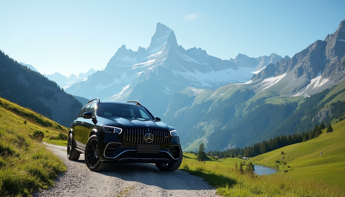 An elegant scene of the Swiss Alps featuring majestic mountain peaks and lush green valleys under a clear blue sky. In the foreground, a luxurious black 2024 Mercedes EQS is parked along a scenic trail, symbolizing adventure and sophistication. This image represents