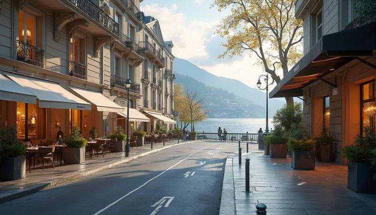 Luxurious cityscape of Rue du Rhône in Geneva, featuring high-end designer boutiques and elegant cafés, with Lake Geneva in the background, embodying luxury shopping experiences in Geneva. The scene conveys an upscale and sophisticated atmosphere, without any vehicles.