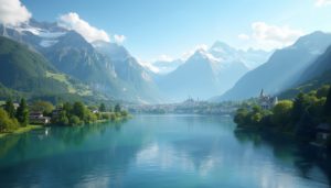 A luxurious Swiss landscape featuring the majestic Swiss Alps, with a serene lake in the foreground reflecting the peaks. An elegant cityscape is visible in the distance, highlighting sophistication and tranquility, perfect for luxury train travel in Switzerland.