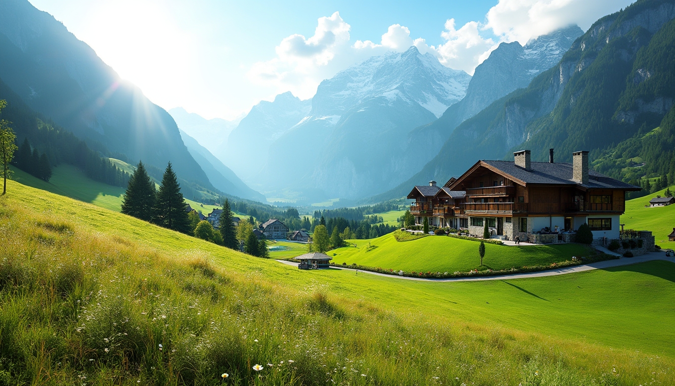 Stunning view of the Engadine Valley in Switzerland, featuring vibrant meadows, majestic mountains, and luxury accommodations in the foreground, bathed in soft sunlight—perfect for luxury walking holidays Switzerland.