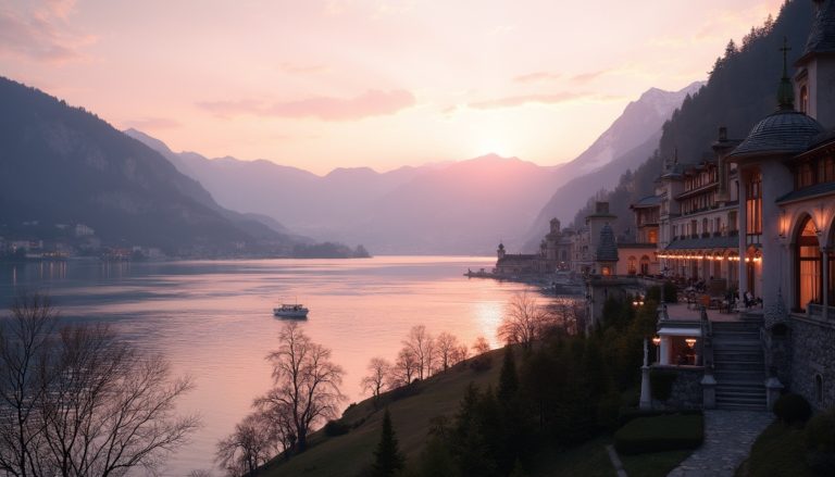 A luxurious view of the Mandarin Oriental Palace Luzern overlooking Lake Lucerne, framed by the Swiss Alps at sunset, with soft pink and gold hues reflecting on the water.