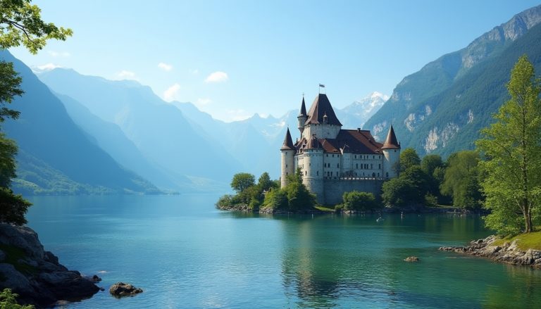 Breathtaking view of Chillon Castle on the shores of Lake Geneva, surrounded by greenery and a serene lake, with majestic mountains in the background. The image highlights the castle's medieval architecture against a clear blue sky, embodying the elegance of Swiss