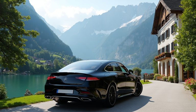 A luxurious Swiss landscape featuring the Swiss Alps in the background, with a serene lake and lush greenery in the foreground. A black 2024 Mercedes EQS is parked elegantly near a charming Swiss village or hotel, capturing the sophistication and appeal of Switzerland gourmet