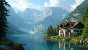 A luxurious Swiss villa in the Alps, featuring elegant architecture and surrounded by lush greenery. The scene showcases breathtaking mountain vistas and a serene lake, conveying an atmosphere of exclusivity and tranquility. Ideal for those looking for Switzerland villas.