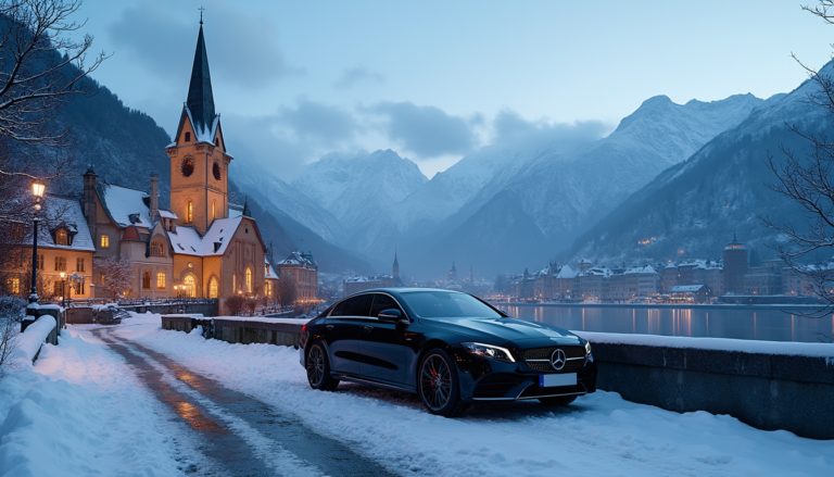 Luxurious winter scene in Lucerne, Switzerland, featuring the illuminated Chapel Bridge, snow-covered landscapes, and historic architecture. A black 2024 Mercedes EQS is parked nearby with a blank license plate, set against Lake Lucerne and majestic mountains under