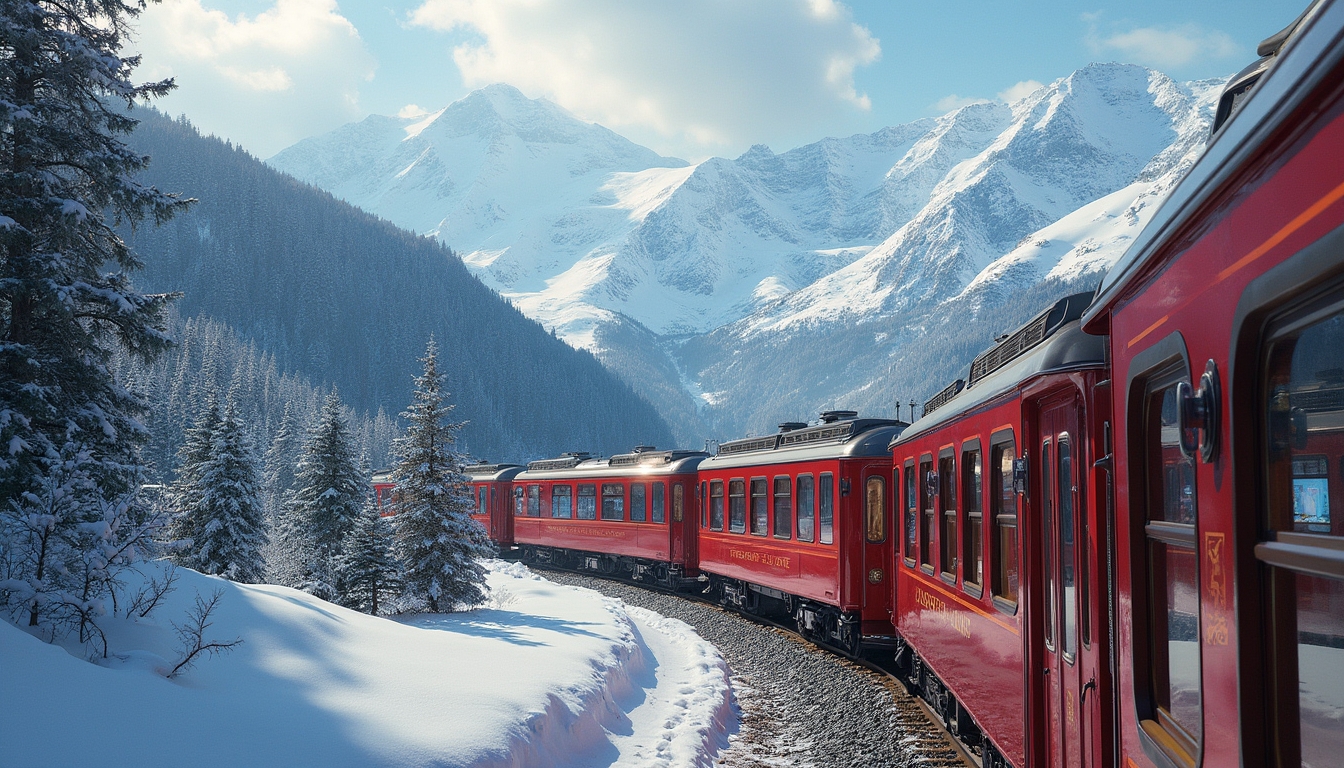 A luxurious Swiss train travels through stunning alpine landscapes, featuring elegant carriages with panoramic windows and views of snow-capped mountains, embodying opulence and tranquility along the route of luxurious train rides.