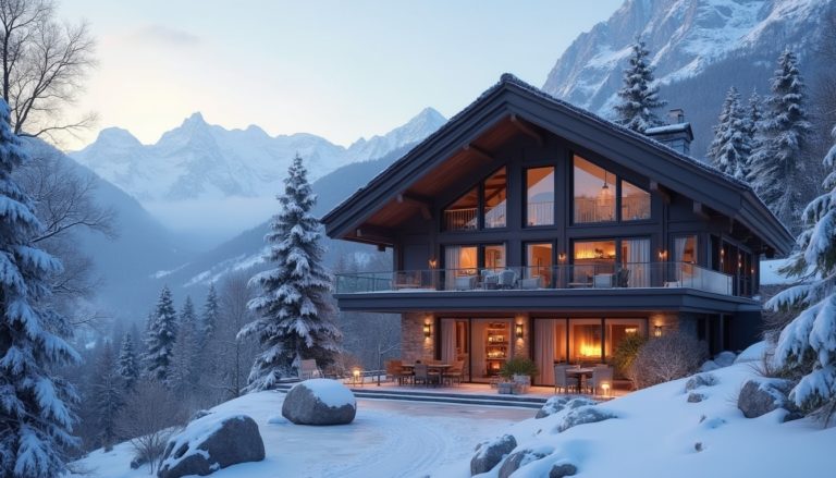 A luxurious Swiss chalet nestled in the Alps showcases sophisticated design with large windows reflecting snow-capped peaks. The warm glow of a fireplace is visible through the windows, complemented by tasteful outdoor lighting, creating a serene atmosphere that exemplifies luxury chalet experiences.