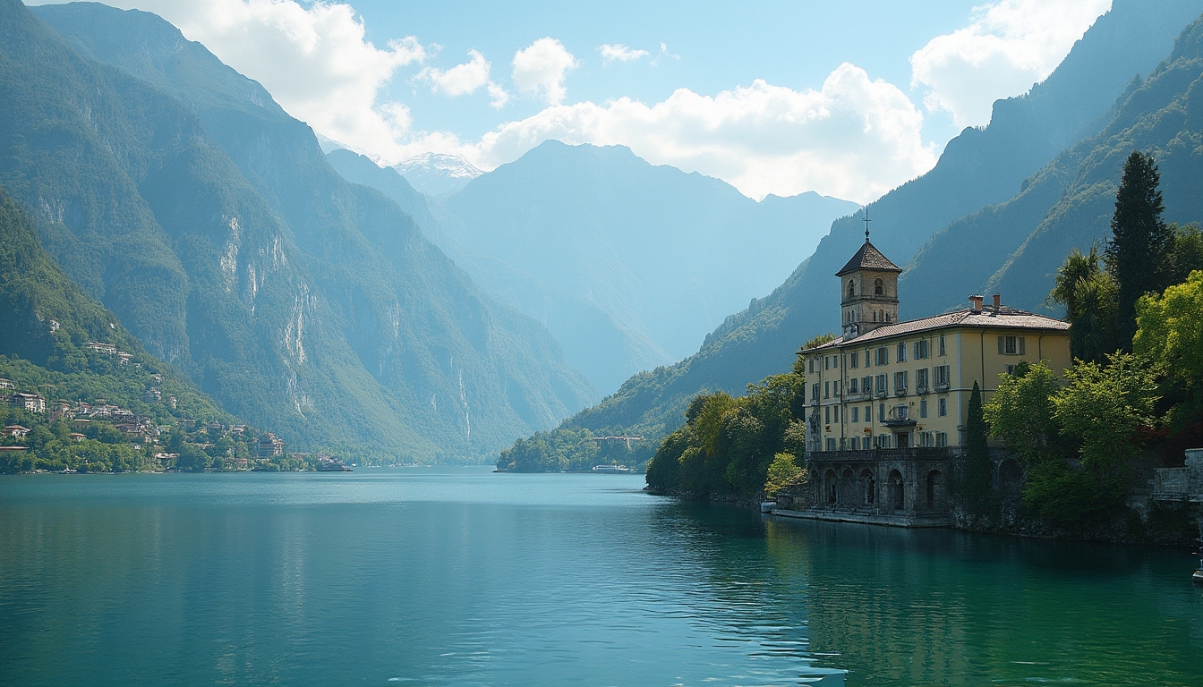 A serene Swiss landscape in Ticino featuring Lake Lugano in the foreground and majestic mountains in the background. A refined hotel, Villa Principe Leopoldo, enhances the elegance of the scene, which exudes sophistication and charm, perfect for travelers seeking luxury