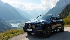 A black 2024 Mercedes EQS is parked at a scenic overlook in the foreground, with the majestic mountains and serene lakes of the Bernese Oberland in the background. The image captures the essence of luxury getaways in the Bernese Oberland