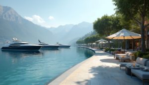A serene view of Lake Geneva with majestic Alps in the background, featuring luxury private yachts anchored on the water. The foreground showcases a beautifully designed promenade lined with elegant trees and sophisticated seating areas, creating an atmosphere of luxury and relaxation.