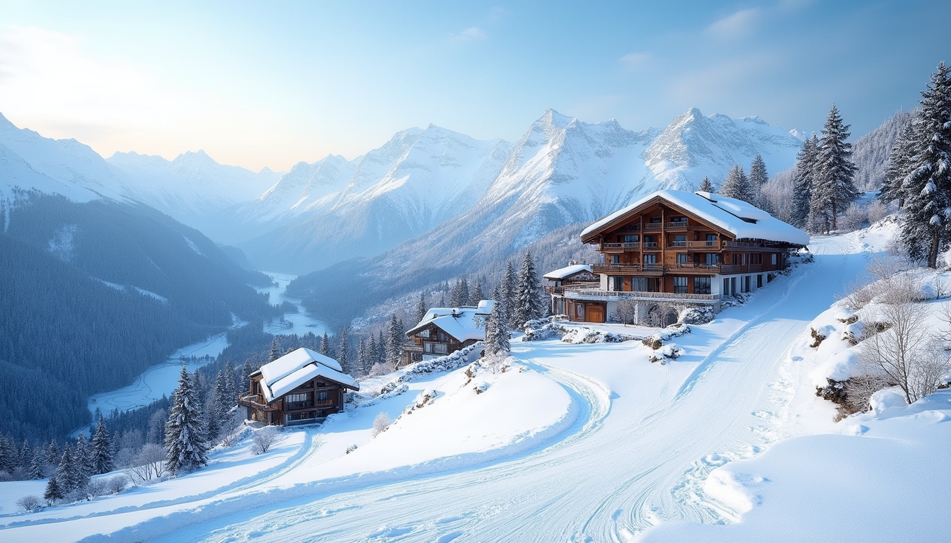 A serene winter landscape in Graubünden, Switzerland, featuring snow-covered alpine mountains and an elegant ski resort. Luxurious chalets line the pristine ski slope, highlighting the tranquility and beauty of luxury ski resorts in Graubünden. No vehicles are present